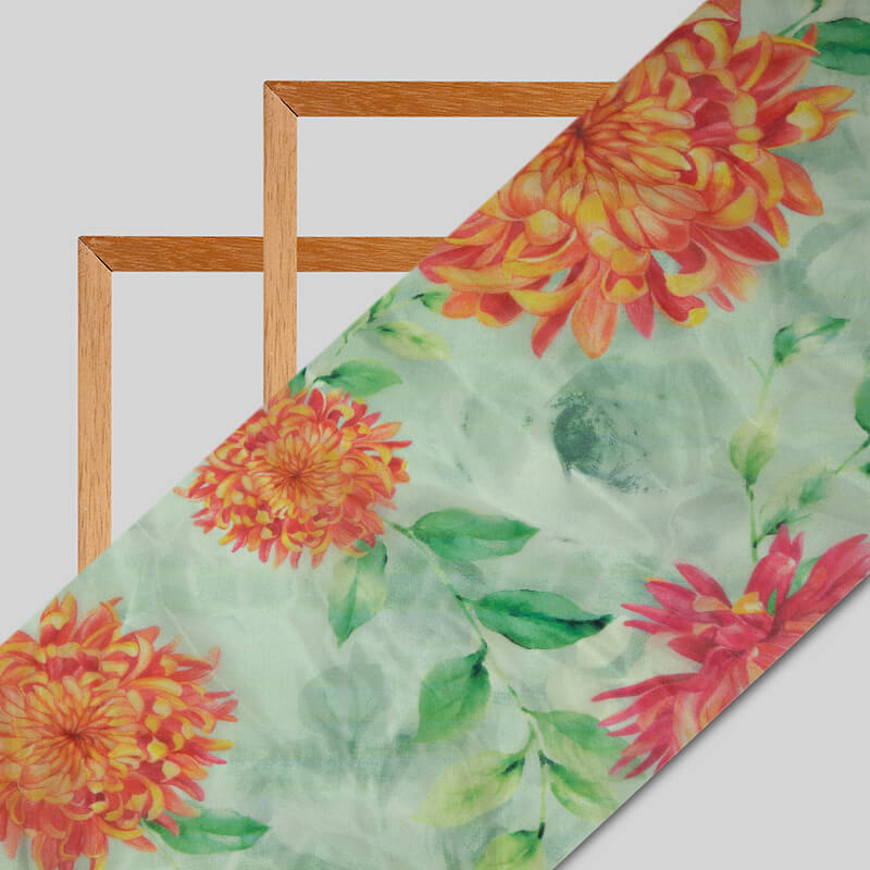 Green Floral Digital Print Premium Organza Fabric - Fabcurate