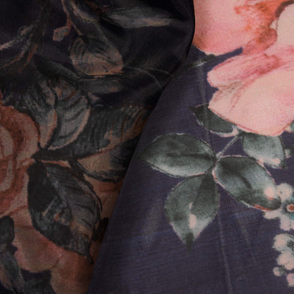 Navy Blue Floral Digital Print Organza Satin Fabric