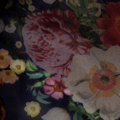 Navy Blue Floral Digital Print Premium Organza Fabric - Fabcurate