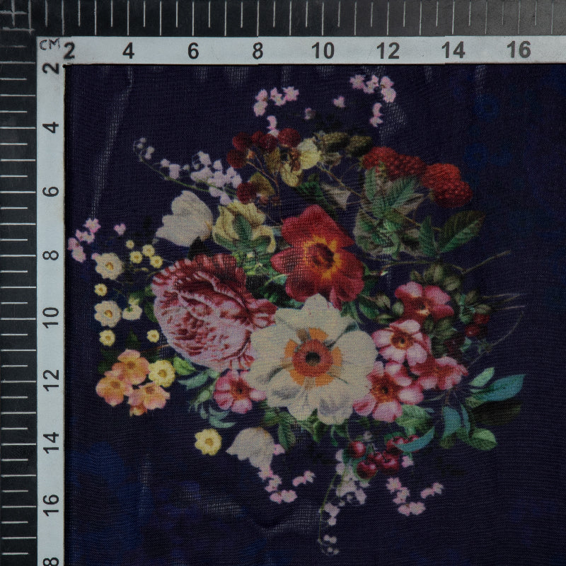 Navy Blue Floral Digital Print Premium Organza Fabric - Fabcurate