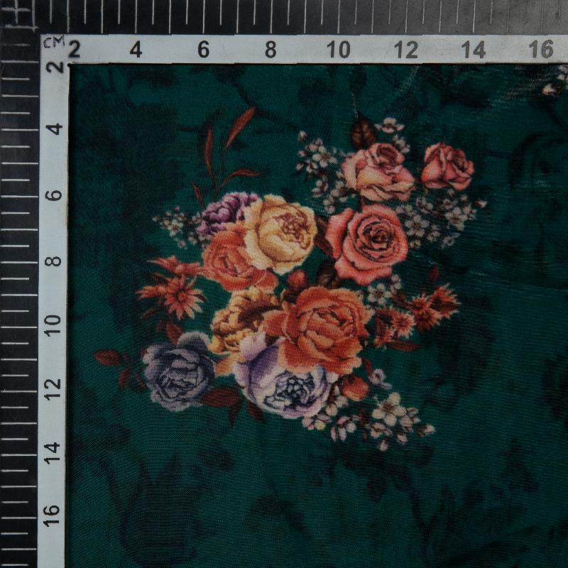 Dark Green Floral Digital Print Premium Organza Fabric - Fabcurate
