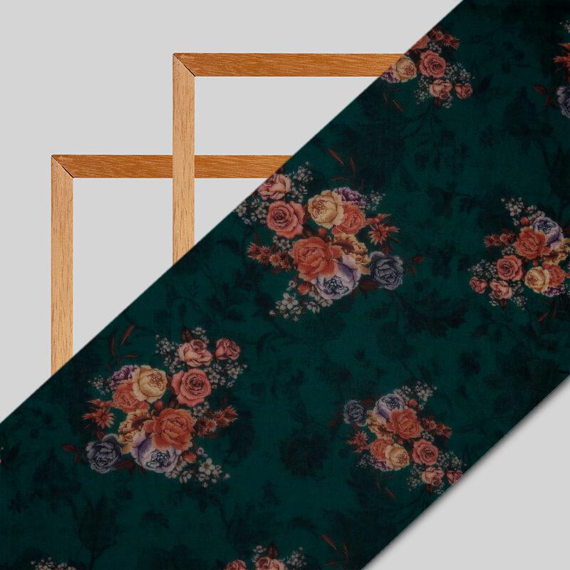 Dark Green Floral Digital Print Premium Organza Fabric - Fabcurate