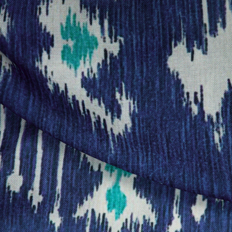 Blue Ikat Pattern Digital Print Rayon Fabric - Fabcurate