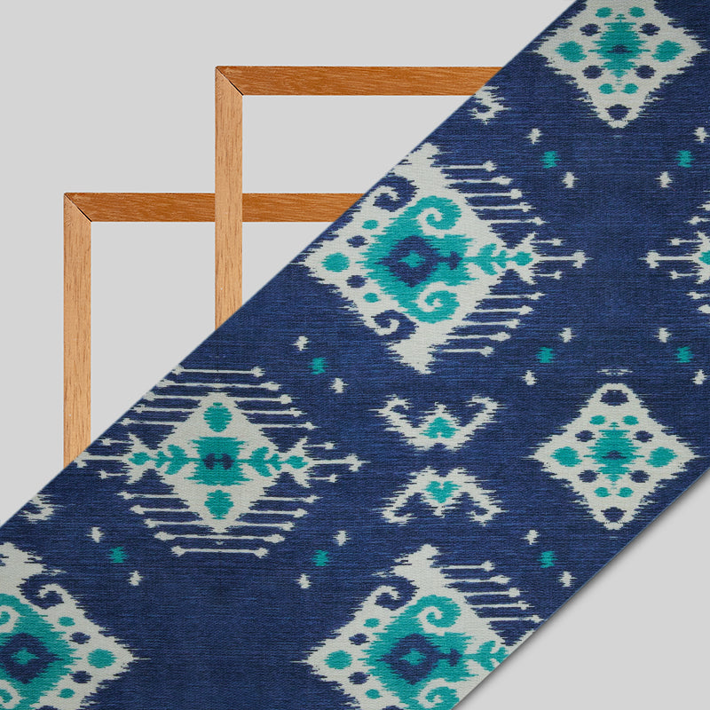 Blue Ikat Pattern Digital Print Rayon Fabric - Fabcurate