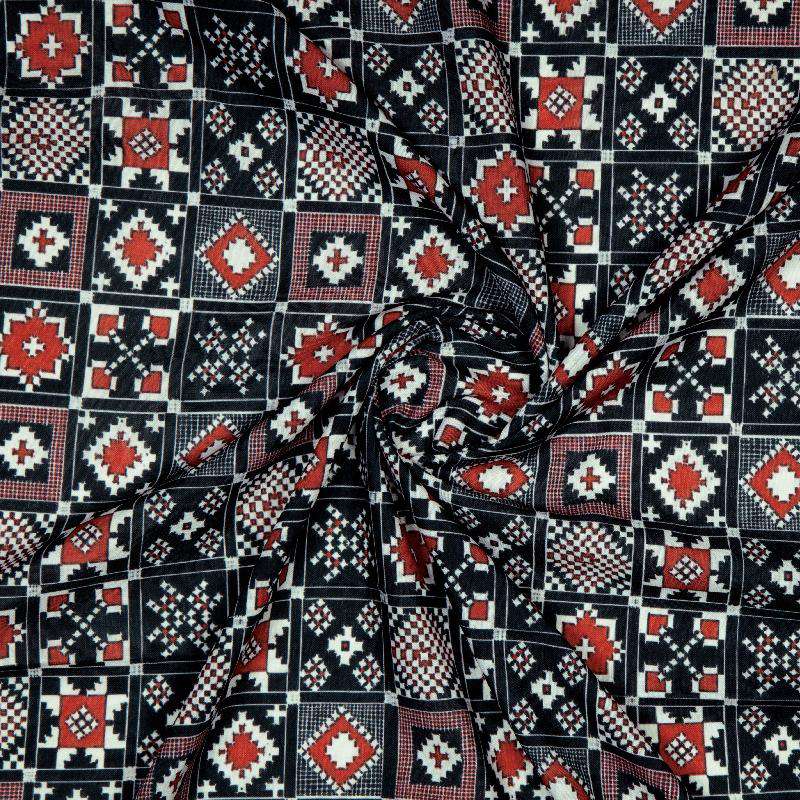 Red And Black Checks Digital Print Rayon Fabric - Fabcurate
