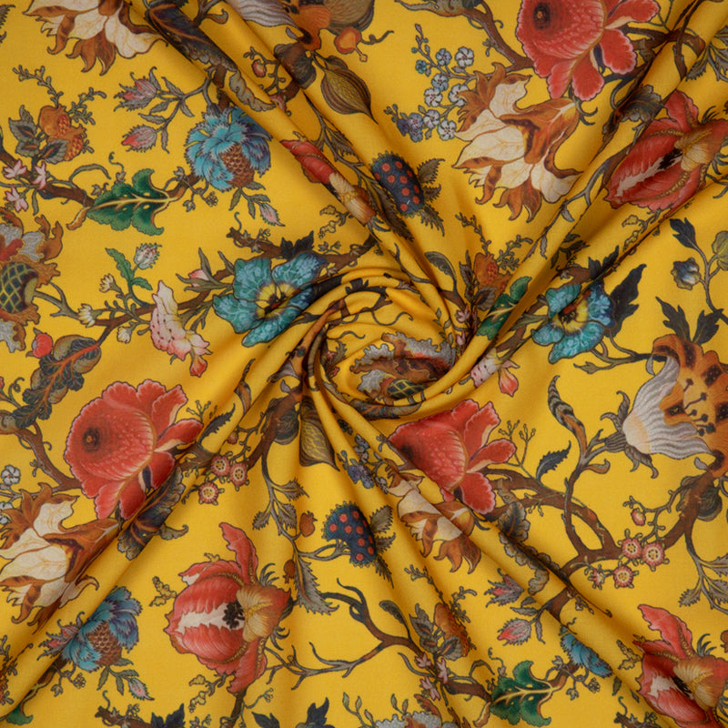Yellow Ochre Floral Digital Print Rayon Fabric - Fabcurate