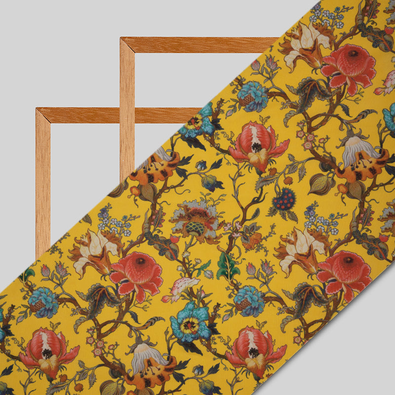 Yellow Ochre Floral Digital Print Rayon Fabric - Fabcurate