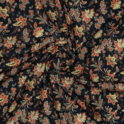 Black And Orange Floral Digital Print Rayon Fabric - Fabcurate
