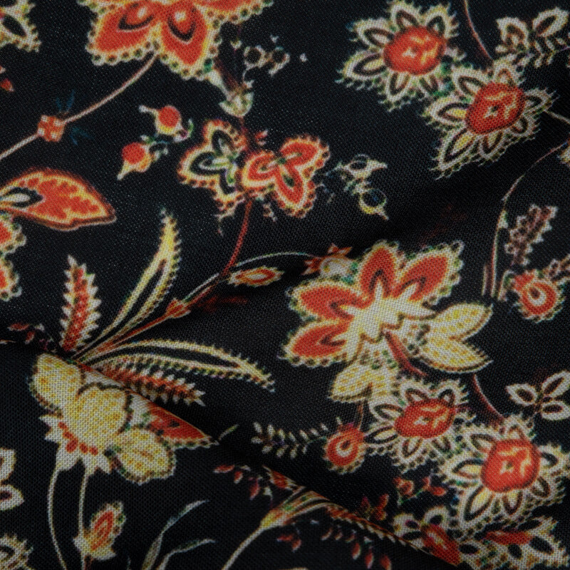 Black And Orange Floral Digital Print Rayon Fabric - Fabcurate