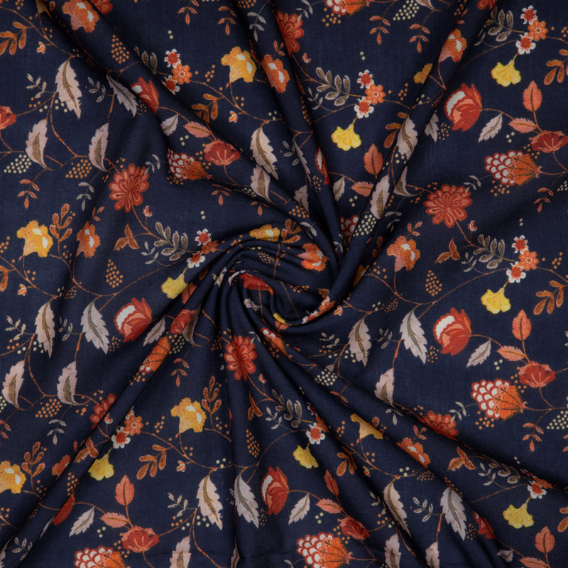 Navy Blue Floral Digital Print Rayon Fabric - Fabcurate