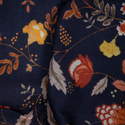Navy Blue Floral Digital Print Rayon Fabric - Fabcurate