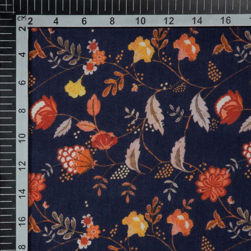 Navy Blue Floral Digital Print Rayon Fabric - Fabcurate