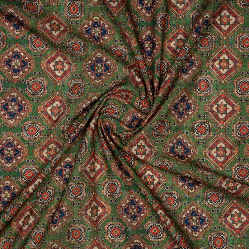 Green Ethnic Digital Print Rayon Fabric - Fabcurate