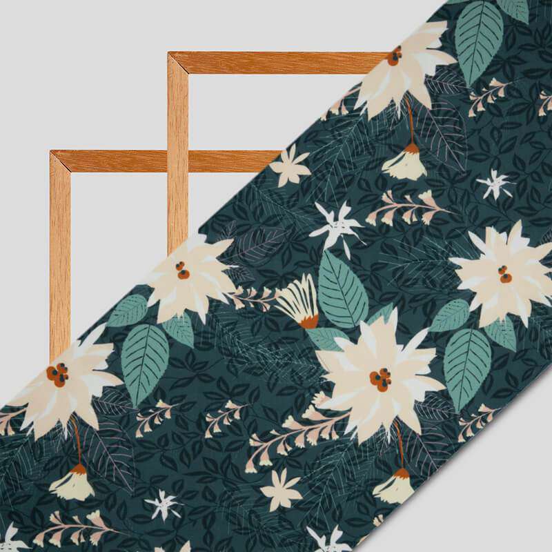 Dark Grey Floral Digital Print Rayon Fabric - Fabcurate