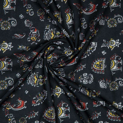 Black Object Digital Print Rayon Fabric - Fabcurate
