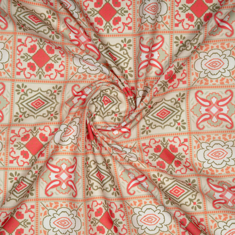 Beige And Pastel Pink Ethnic Digital Print Rayon Fabric - Fabcurate