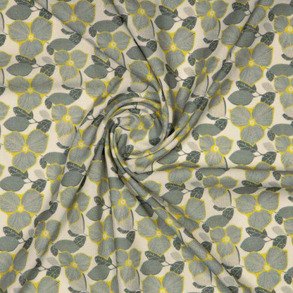 Cream And Grey Leaf Digital Print Rayon Fabric - Fabcurate