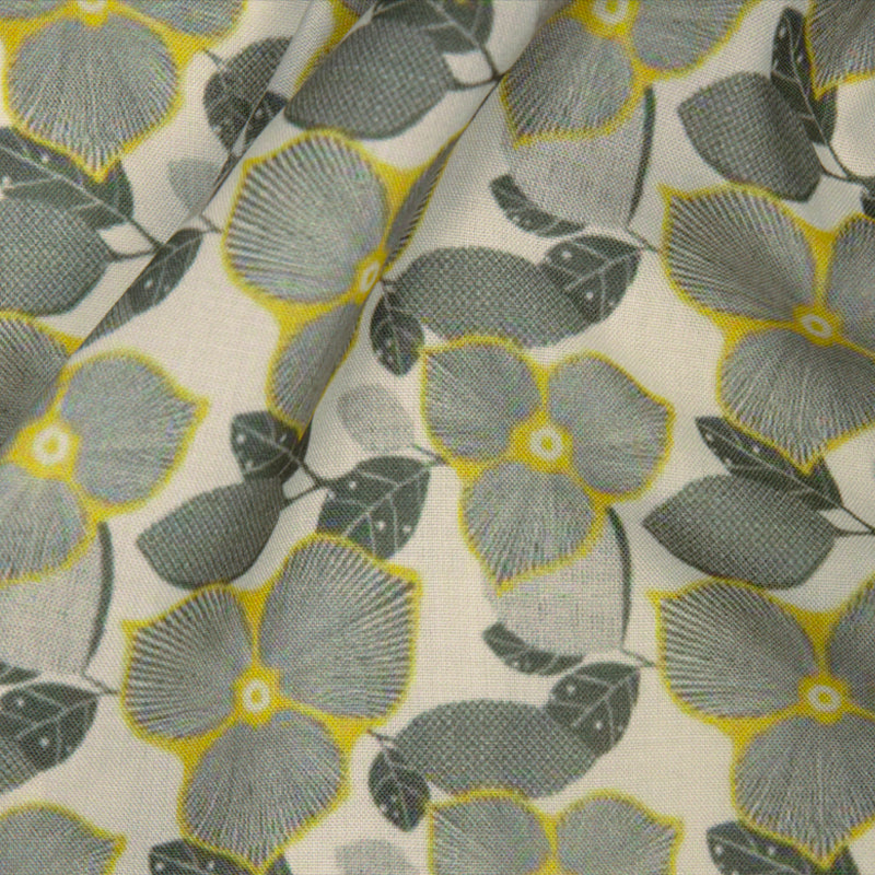 Cream And Grey Leaf Digital Print Rayon Fabric - Fabcurate