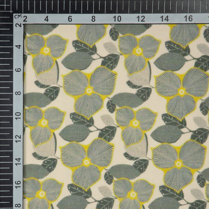 Cream And Grey Leaf Digital Print Rayon Fabric - Fabcurate