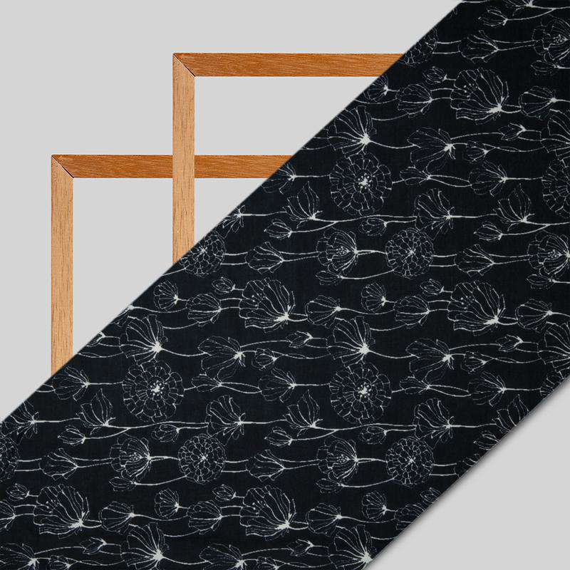 Black Floral Digital Print Rayon Fabric - Fabcurate