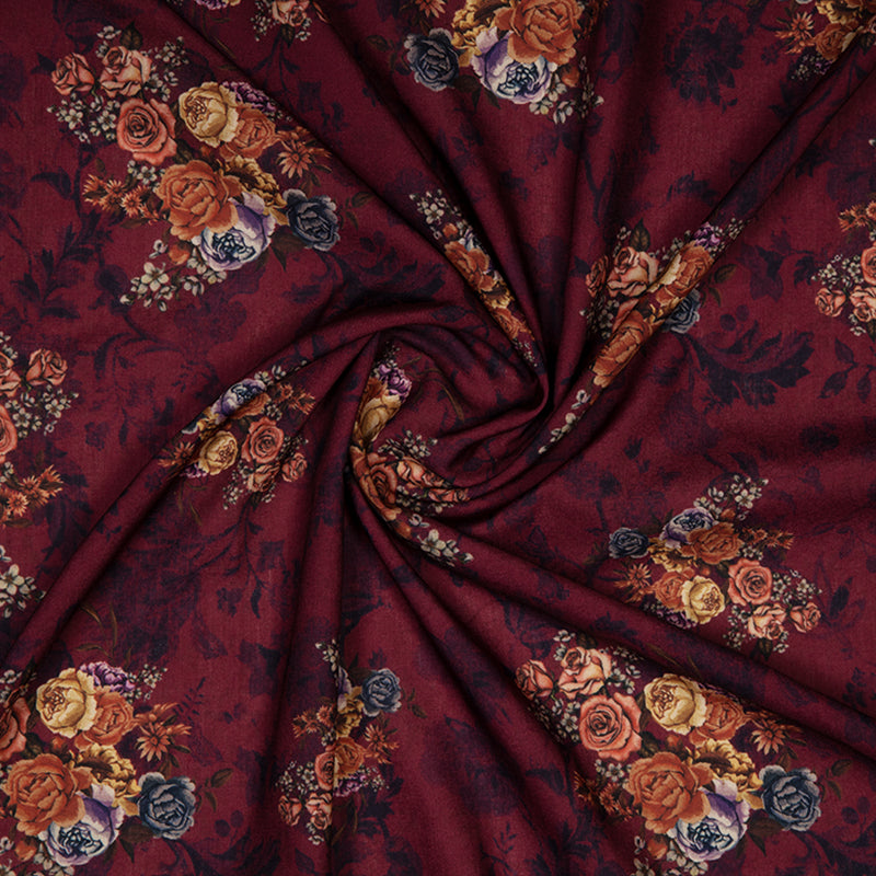 Maroon Floral Digital Print Rayon Fabric - Fabcurate