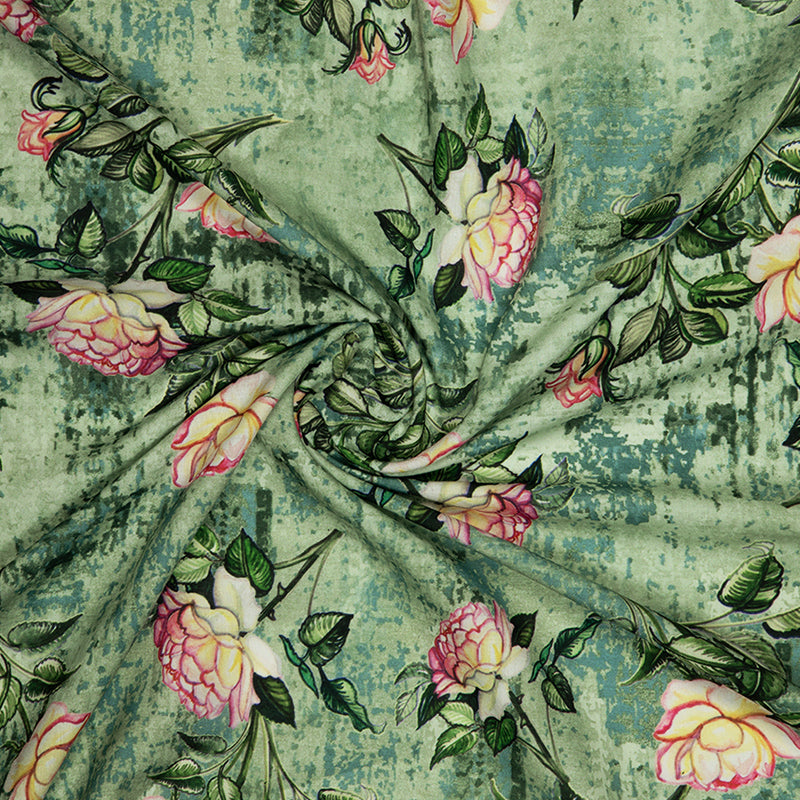 Olive Floral Digital Print Rayon Fabric - Fabcurate