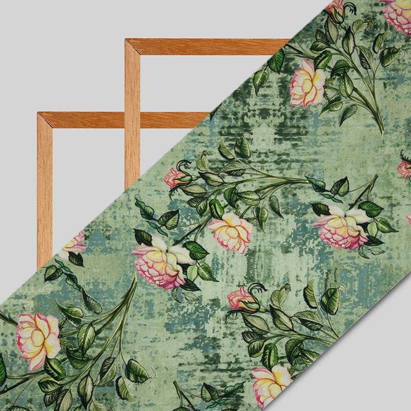 Olive Floral Digital Print Rayon Fabric - Fabcurate