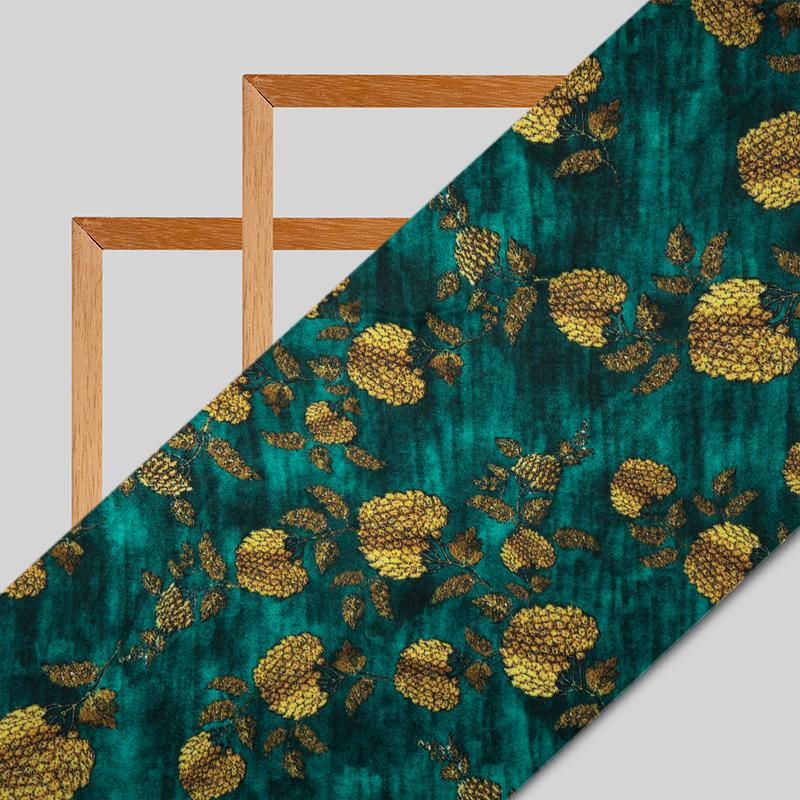 Teal Floral Digital Print Japan Satin Fabric - Fabcurate