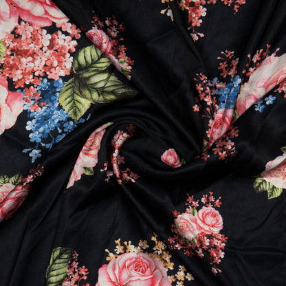 Black Floral Digital Print Japan Satin Fabric - Fabcurate