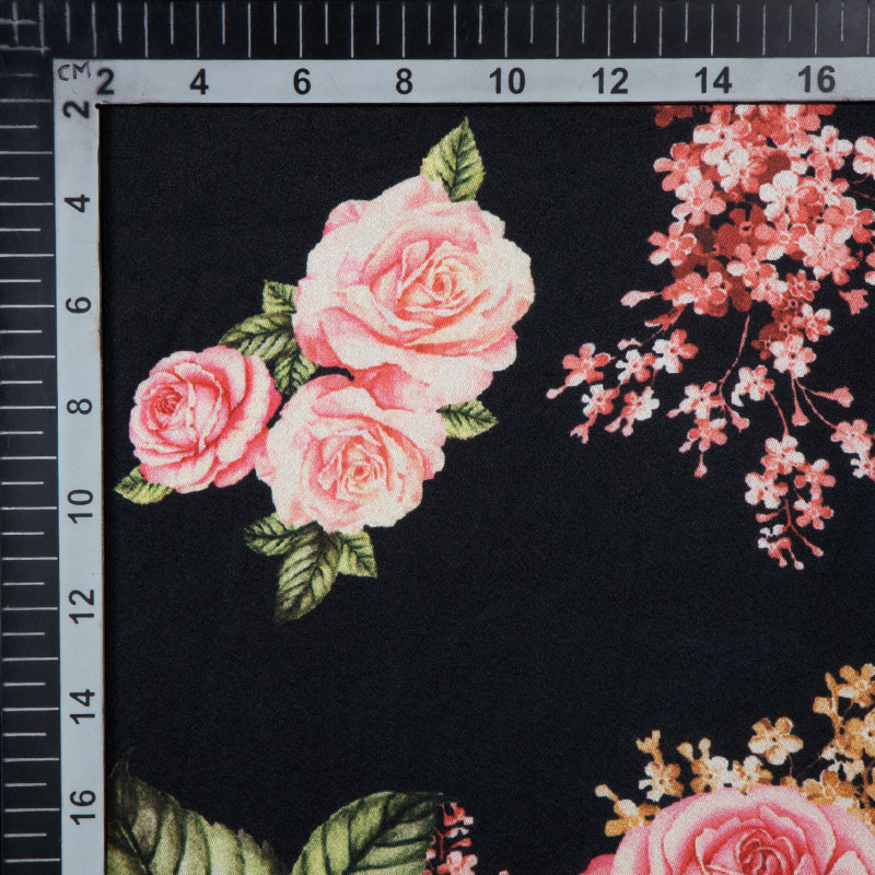 Black Floral Digital Print Japan Satin Fabric - Fabcurate