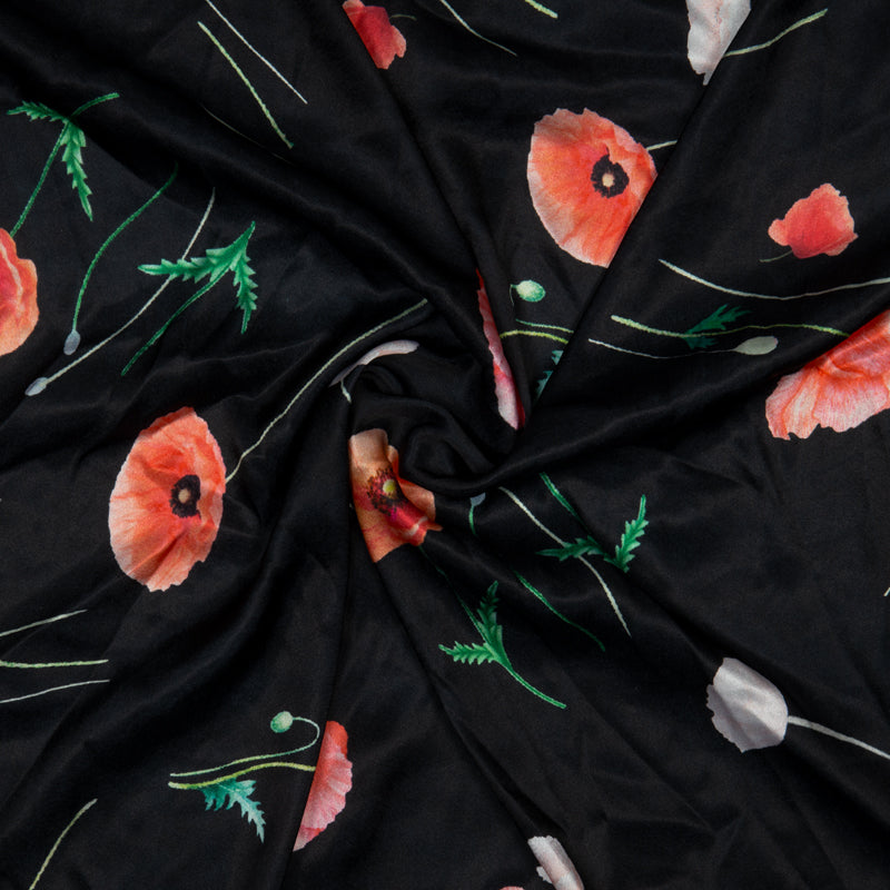 Black Floral Digital Print Japan Satin Fabric - Fabcurate