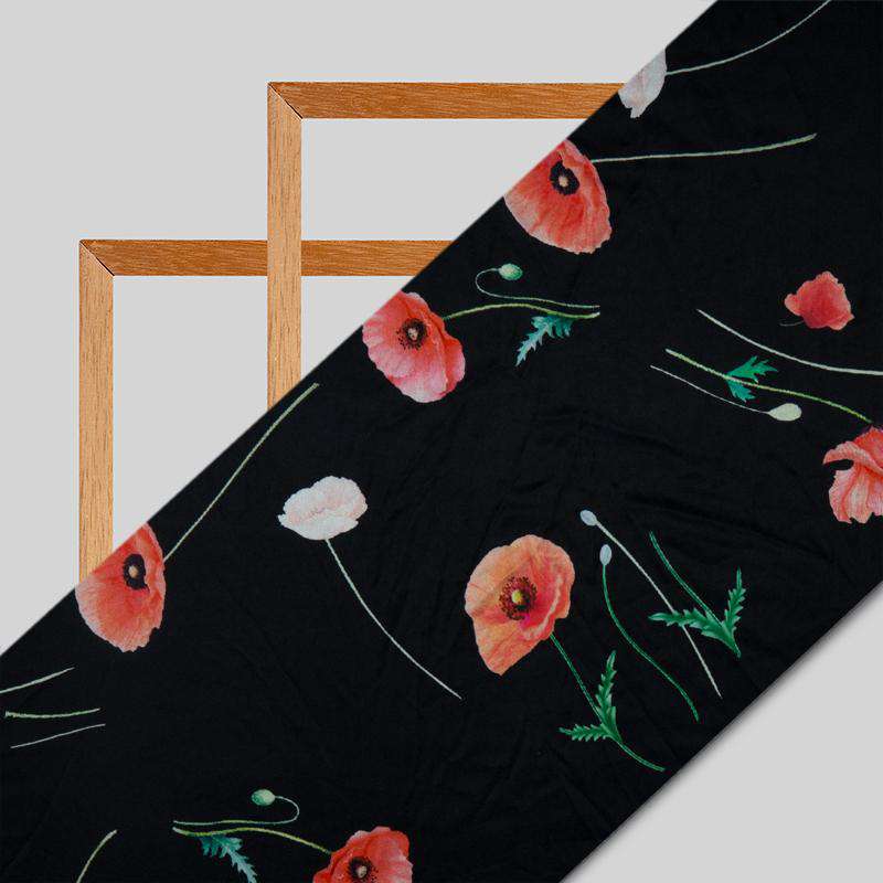 Black Floral Digital Print Japan Satin Fabric - Fabcurate