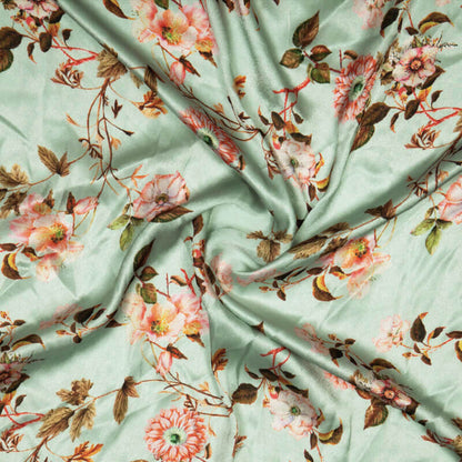 Pool Blue And Pink Floral Digital Print Japan Satin Fabric - Fabcurate