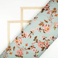 Pool Blue And Pink Floral Digital Print Japan Satin Fabric - Fabcurate