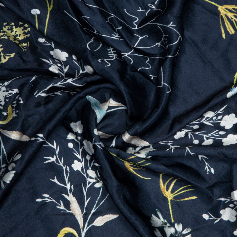 Navy Blue Floral Digital Print Japan Satin Fabric - Fabcurate