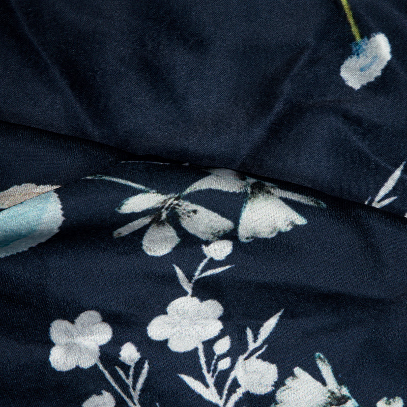 Navy Blue Floral Digital Print Japan Satin Fabric - Fabcurate