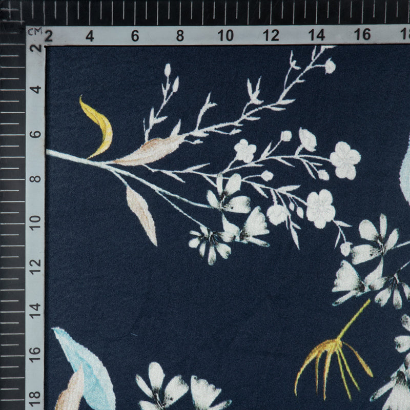 Navy Blue Floral Digital Print Japan Satin Fabric - Fabcurate