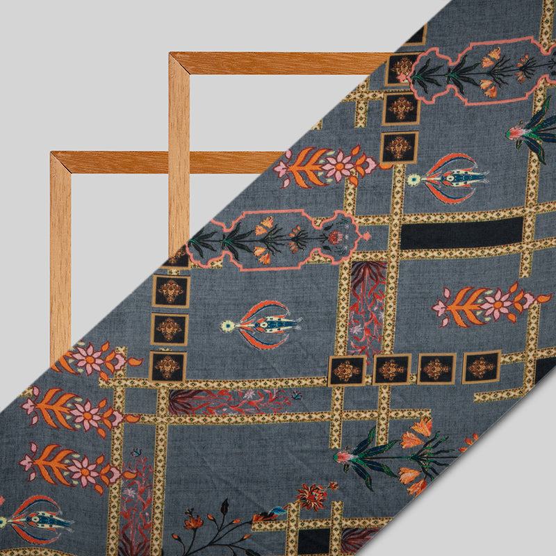 Grey Ethnic Digital Print Japan Satin Fabric - Fabcurate