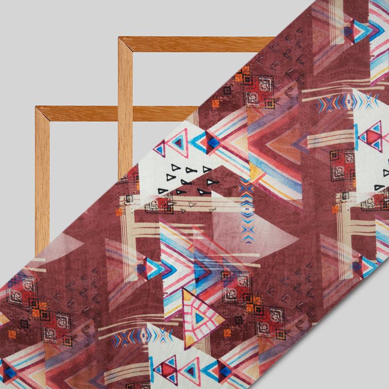 Brown Geometrical Digital Print Japan Satin Fabric - Fabcurate