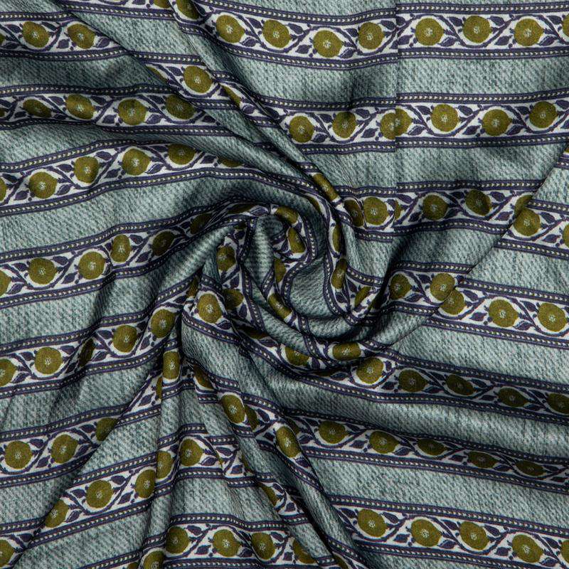 Blue And Olive Stripes Digital Print Japan Satin Fabric - Fabcurate