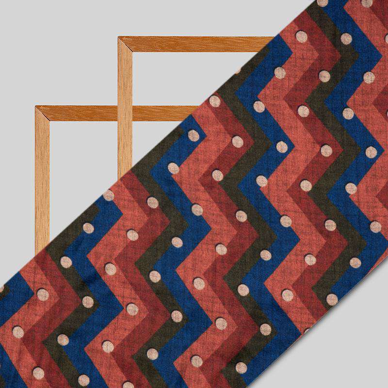 Brown And Blue Chevron Digital Print Japan Satin Fabric - Fabcurate