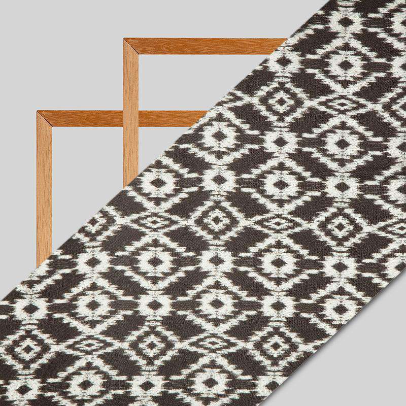Brown Ikat Pattern Digital Print Japan Satin Fabric - Fabcurate