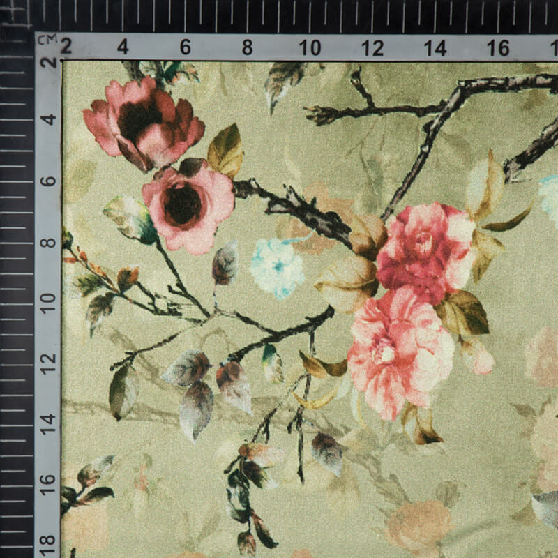 Moss Green Floral Digital Print Japan Satin Fabric