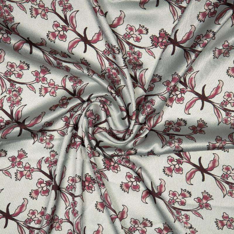 Pink And Off White Floral Digital Print Japan Satin Fabric - Fabcurate