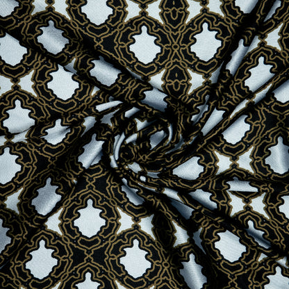 White And Brown Ethnic Digital Print Japan Satin Fabric - Fabcurate