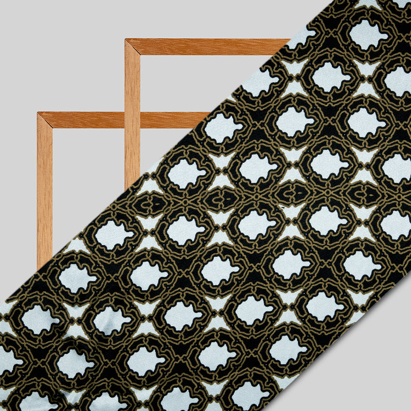 White And Brown Ethnic Digital Print Japan Satin Fabric - Fabcurate