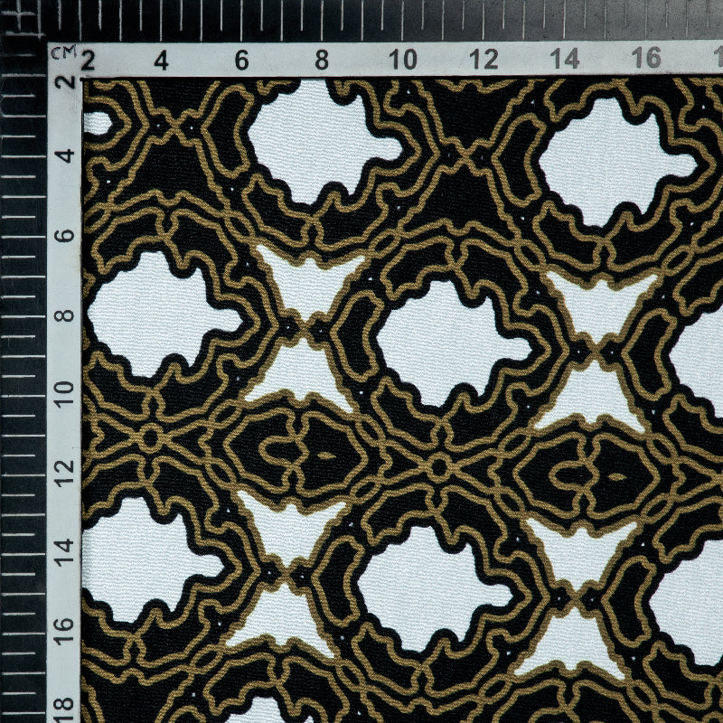 White And Brown Ethnic Digital Print Japan Satin Fabric - Fabcurate