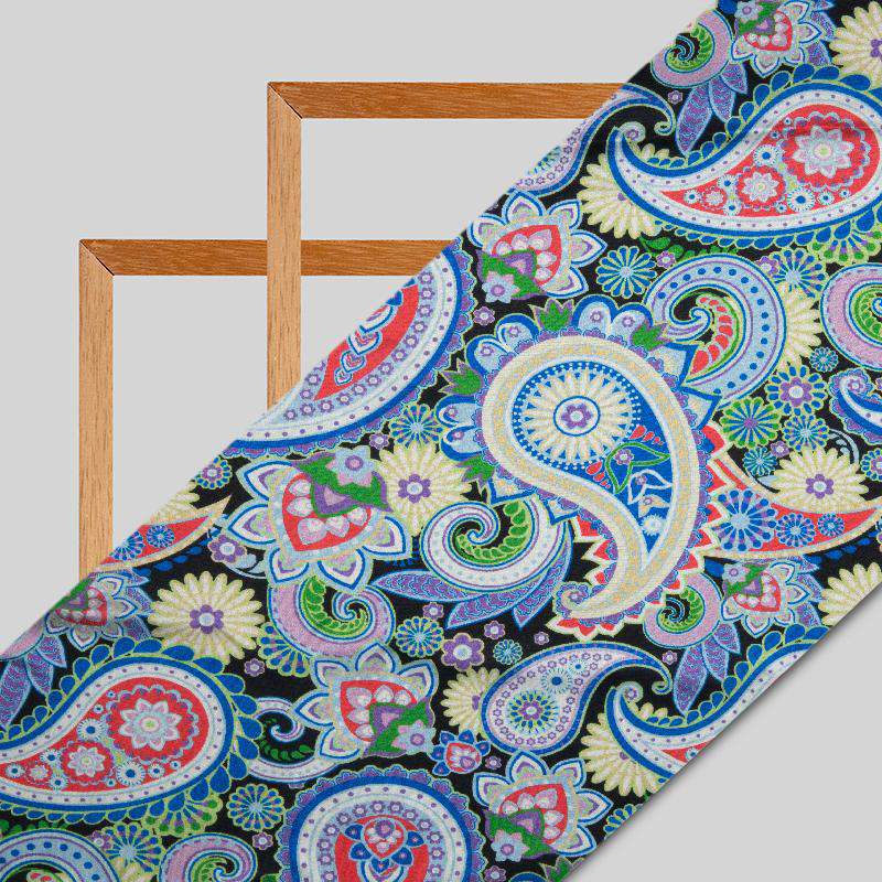 Blue Paisely Digital Print Japan Satin Fabric - Fabcurate