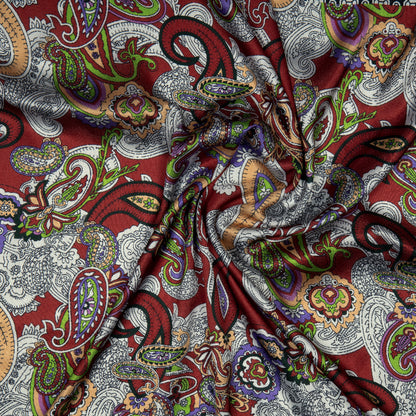 Maroon Paisely Digital Print Japan Satin Fabric - Fabcurate