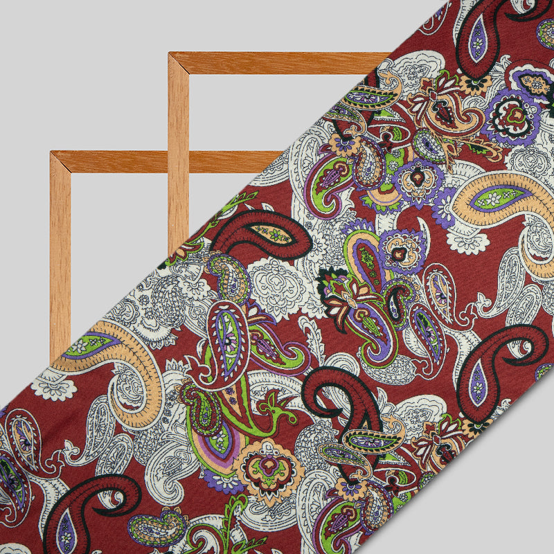 Maroon Paisely Digital Print Japan Satin Fabric - Fabcurate